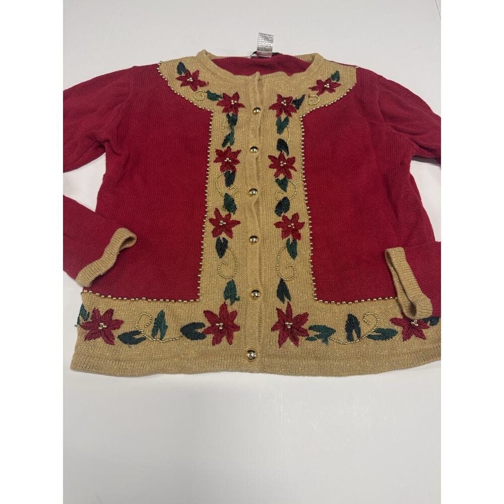 Dressbarn Women's Red Poinsettia Floral Embroidered Cardigan Sweater Small